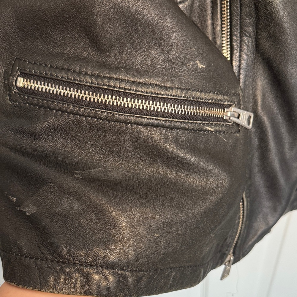 All Saints Mens Black Leather Biker Jacket with Quilted Shoulders - Picture 15 of 15